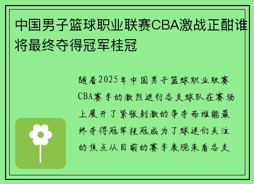 中国男子篮球职业联赛CBA激战正酣谁将最终夺得冠军桂冠 中国男子篮球职业联赛CBA激战正酣谁将最终夺得冠军桂冠