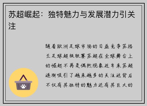 苏超崛起:独特魅力与发展潜力引关注 苏超崛起:独特魅力与发展潜力引关注